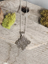 Load image into Gallery viewer, Fine silver necklace with large textured floral pendant on a link chain