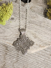 Load image into Gallery viewer, Fine silver necklace with textured floral cross pendant on a link chain