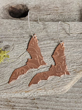 Load image into Gallery viewer, Copper bat earrings, textured bat silhouettes with silver-tone hooks.