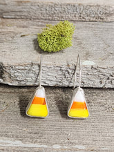 Load image into Gallery viewer, Candy corn dangle earrings with orange, white, and yellow triangular charms.