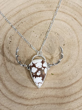 Load image into Gallery viewer, Silver-tone elk pendant necklace with antler crown, teardrop mottled inlay, and chain visible