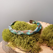 Load image into Gallery viewer, Copper blue patina bracelet, 1/4-in wide, curved hammered metal band