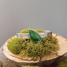 Load image into Gallery viewer, Silver cuff bracelet with turquoise teardrop inset and stamped metal pattern