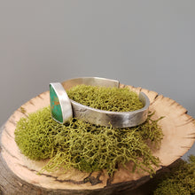Load image into Gallery viewer, Silver cuff bracelet with turquoise teardrop and hand-stamped detailing on band