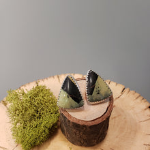 Load image into Gallery viewer, Triangular variscite post earrings, black and green stone with silver backs