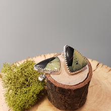 Load image into Gallery viewer, Triangular variscite post earrings with black and green stone, silver posts