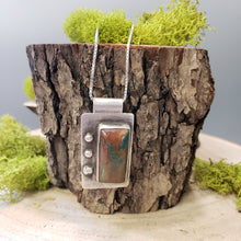 Load image into Gallery viewer, Silver rectangular chrysocolla stone pendant on two chain strands, front view