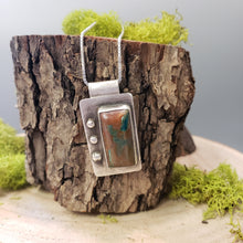 Load image into Gallery viewer, Silver rectangular stone pendant with blue-green chrysocolla and dangling chain