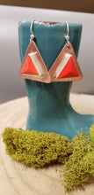 Load image into Gallery viewer, Large red stone triangle dangle earrings on gold-tone hooks