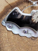 Load image into Gallery viewer, Silver bat-shaped pendant necklace with purple amethyst eyes, side close-up