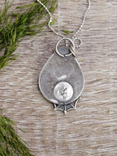 Load image into Gallery viewer, Silver-tone spider web necklace with teardrop pendant and round stone charm