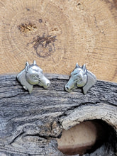 Load image into Gallery viewer, Horse head stud earrings, silver-tone with green enamel accents
