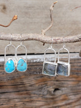 Load image into Gallery viewer, Turquoise facet stone teardrop earrings in silver-tone frames with hanging hooks.