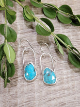 Load image into Gallery viewer, Turquoise teardrop facet stone earrings with silver hooks and blue stone dangles.