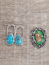 Load image into Gallery viewer, Turquoise teardrop facet stone earrings with silver hooks; green floral stud shown.