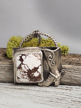 Load image into Gallery viewer, Silver-tone boot pendant necklace with braided handle and wild horse square stone