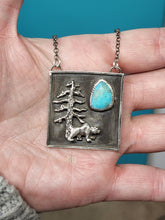 Load image into Gallery viewer, Silver square tree-and-bear pendant necklace with turquoise teardrop inlay, close-up