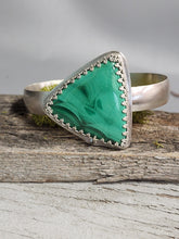 Load image into Gallery viewer, Silver cuff bracelet with large green malachite triangle and silver filigree frame