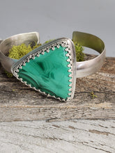 Load image into Gallery viewer, Silver cuff bracelet with green triangular malachite in ornate bezel, open design