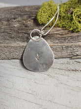 Load image into Gallery viewer, Silver-tone teardrop pendant necklace with small leaf emblem on rope chain