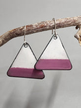 Load image into Gallery viewer, Pair of triangle enamel earrings, white with pink-purple base, silver hook backs