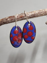 Load image into Gallery viewer, Blue and red polka-dot enamel oval drop earrings with silver hooks