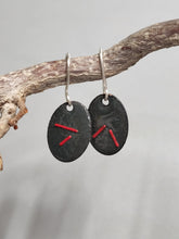 Load image into Gallery viewer, Grey enamel oval drop earrings with red slashes and silver hoop hooks