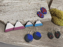 Load image into Gallery viewer, Assorted enamel earrings: colored triangles and blue/grey discs on silver hooks