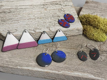 Load image into Gallery viewer, Blue and white enamel triangle dangle earrings among other enamel earring styles