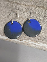 Load image into Gallery viewer, Round blue and dark grey enameled earrings with silver hooks, two dangling discs