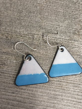 Load image into Gallery viewer, Blue and white enamel triangle drop earrings with silver hook backs