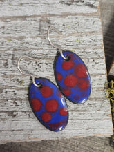 Load image into Gallery viewer, Blue and red polka-dot enamel drop earrings with silver fishhook, oval discs