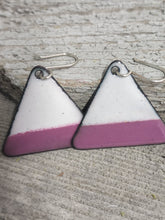 Load image into Gallery viewer, Triangle enameled earrings with white top and pink-purple bottom, silver hooks