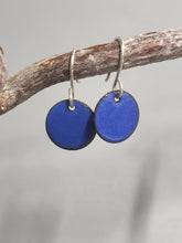 Load image into Gallery viewer, Blue enamel disc hoop-style earrings with silver-tone hooks