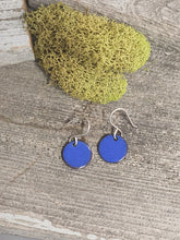 Load image into Gallery viewer, Blue round enamel dangle earrings with silver-tone fishhook hardware