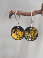Load image into Gallery viewer, Black and yellow swirled enamel drop earrings with silver-tone hoop hooks