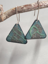 Load image into Gallery viewer, Enamel triangle dangle earrings in aqua and dark tones with silver hooks, pair
