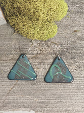Load image into Gallery viewer, Aqua and dark enameled triangle drop earrings, visible hook and loop, pair