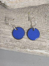 Load image into Gallery viewer, Blue enamel round drop earrings with silver-tone lever backs