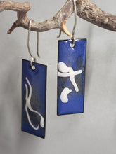 Load image into Gallery viewer, Blue enameled rectangle drop earrings with white abstract pattern, silver hook