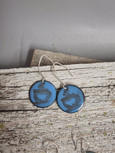 Load image into Gallery viewer, Blue enamel coffee cup disc earrings with silver hooks, dangling pair on wood