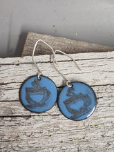 Load image into Gallery viewer, Two blue enamel coffee cup disc earrings with silver ear wires