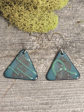 Load image into Gallery viewer, Aqua and dark enameled triangle drop earrings with silver hooks, pair