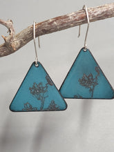 Load image into Gallery viewer, Turquoise enameled flower triangle earrings with silver hooks and dangling floral pattern