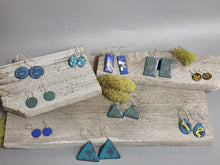 Load image into Gallery viewer, Assorted enamel earrings display featuring blue teardrop dangles with yellow accents