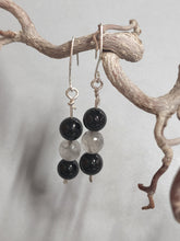 Load image into Gallery viewer, Onyx and moonstone bead earrings with dangling black and gray round stones