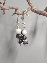 Load image into Gallery viewer, Zebra jasper bead drop earrings with black and white spheres, silver hooks
