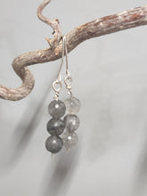 Load image into Gallery viewer, Grey moonstone bead drop earrings with silver hooks, three dark gray beads each