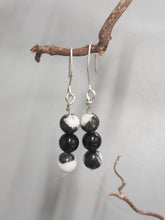 Load image into Gallery viewer, Zebra jasper bead drop earrings with black and white beads, silver fishhook fasteners