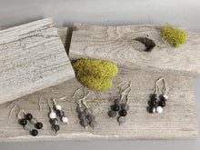 Load image into Gallery viewer, Zebra jasper bead drop earrings set on wood tray, black and white bead clusters